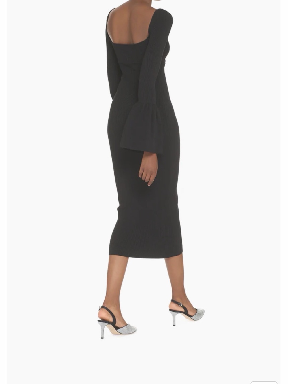 Self-Portrait Size L Ribbed Midi Dress with Cutout & Bell Sleeves - Picture 2 of 7